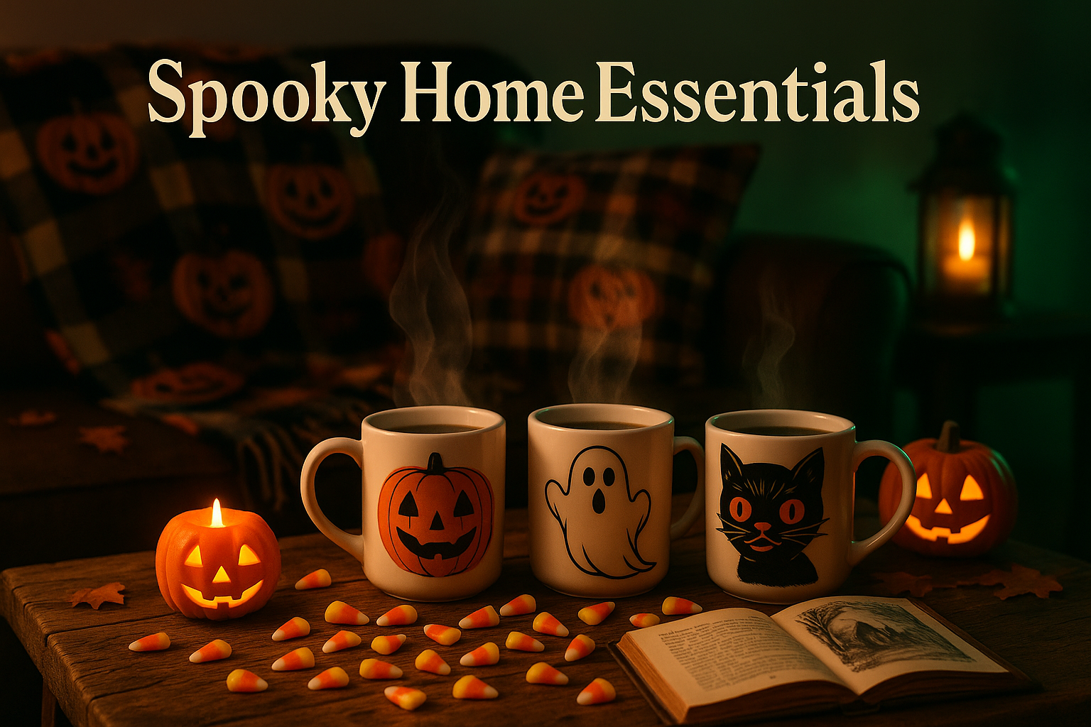 Halloween-themed mugs with pumpkins, ghosts, and cats on a table with candy corn and a candle.