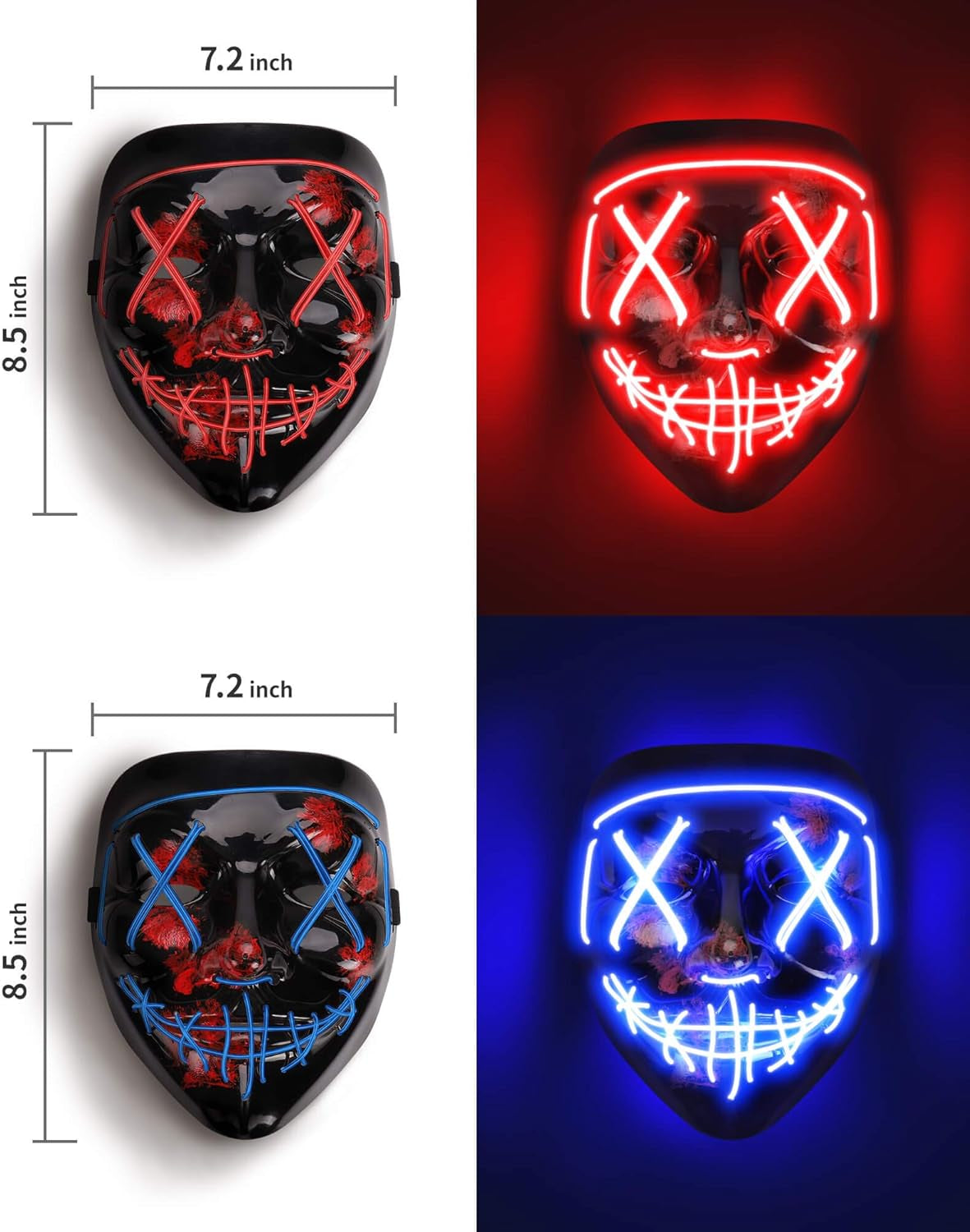 HWB LED Light Up Halloween Mask - 2 Pack Scary Neon Face Masks