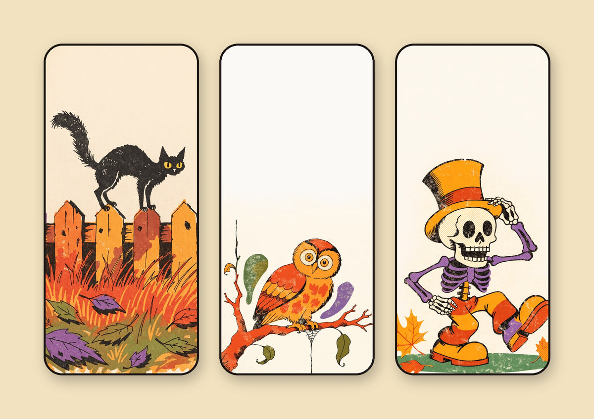 Vintage Halloween wallpapers — a black cat on a picket fence, an owl on a bare branch, and a dancing skeleton in a top hat