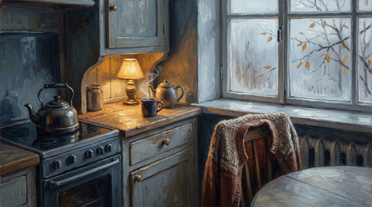 A cold autumn kitchen at dawn with steam rising from a mug on the counter and a cardigan over a chair