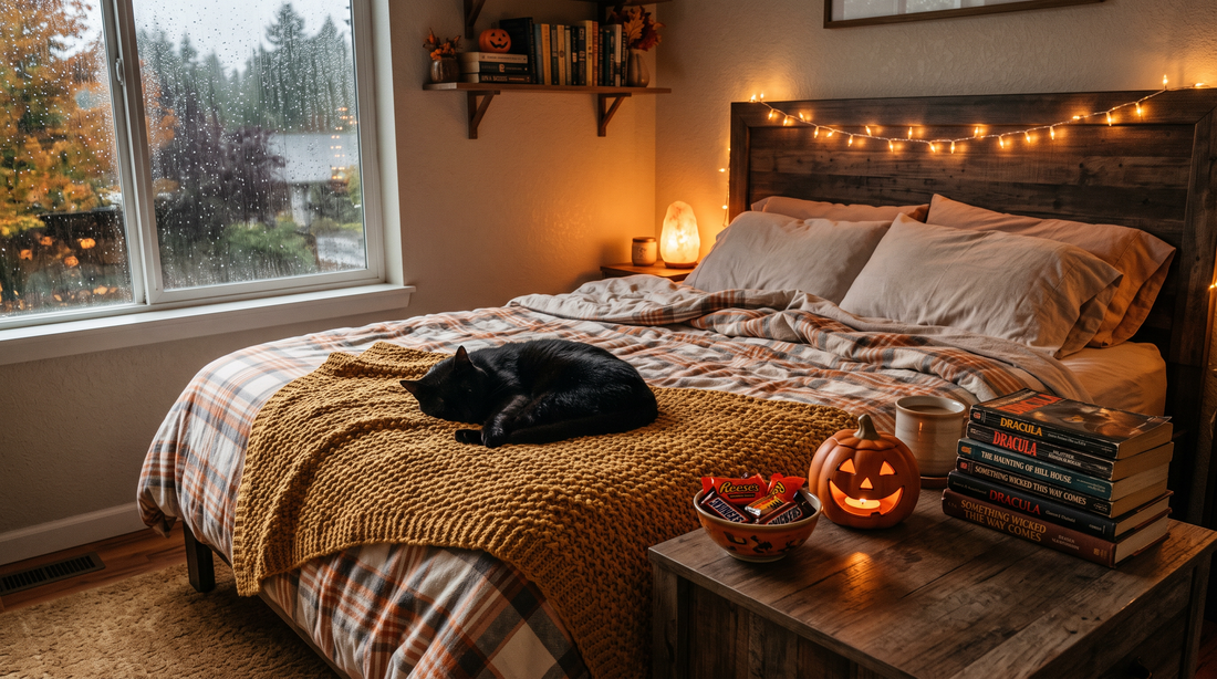 Cozy rainy bedroom with string lights, a crooked-smile pumpkin, and a black cat asleep on the blanket