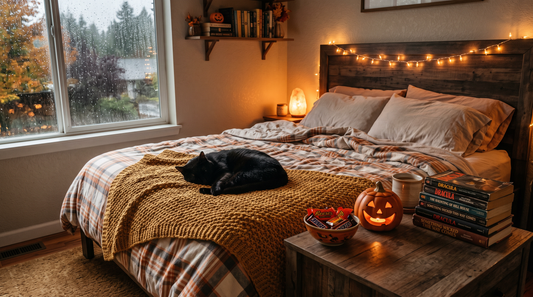 Cozy rainy bedroom with string lights, a crooked-smile pumpkin, and a black cat asleep on the blanket