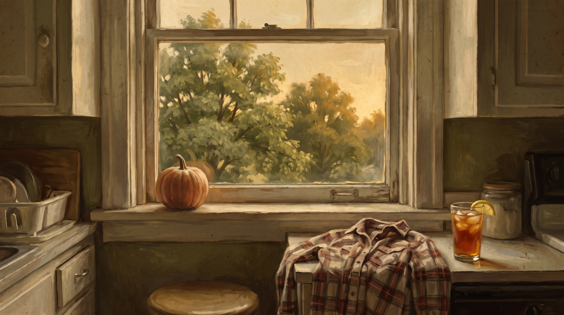 A single small pumpkin on a kitchen windowsill while the trees outside are still summer green, the first day of spooky season