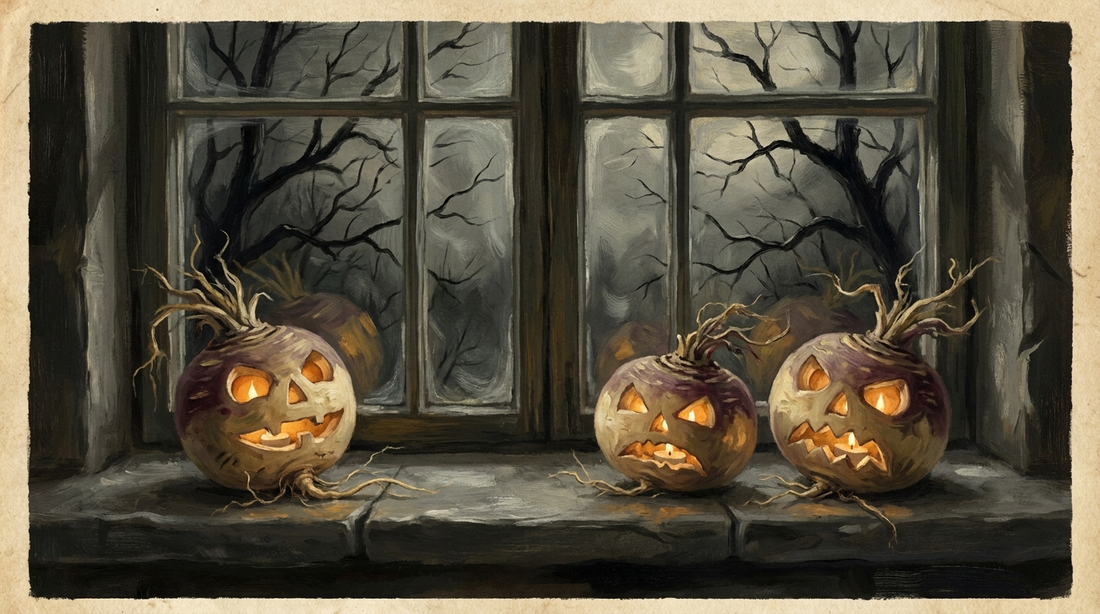 Three carved turnip lanterns glowing on a stone windowsill at night, the original jack-o'-lanterns of Ireland and Scotland