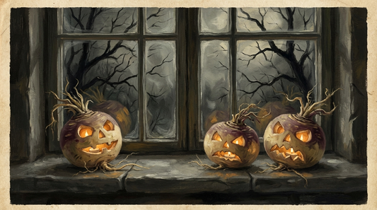 Three carved turnip lanterns glowing on a stone windowsill at night, the original jack-o'-lanterns of Ireland and Scotland