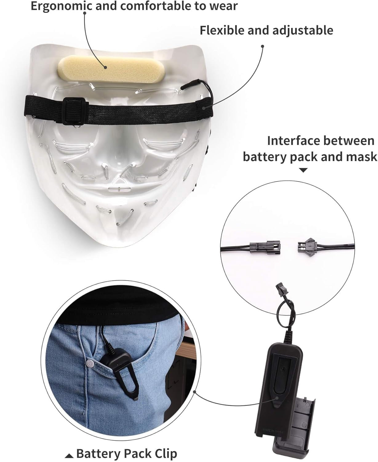 HWB LED Light Up Halloween Mask - 2 Pack Scary Neon Face Masks 