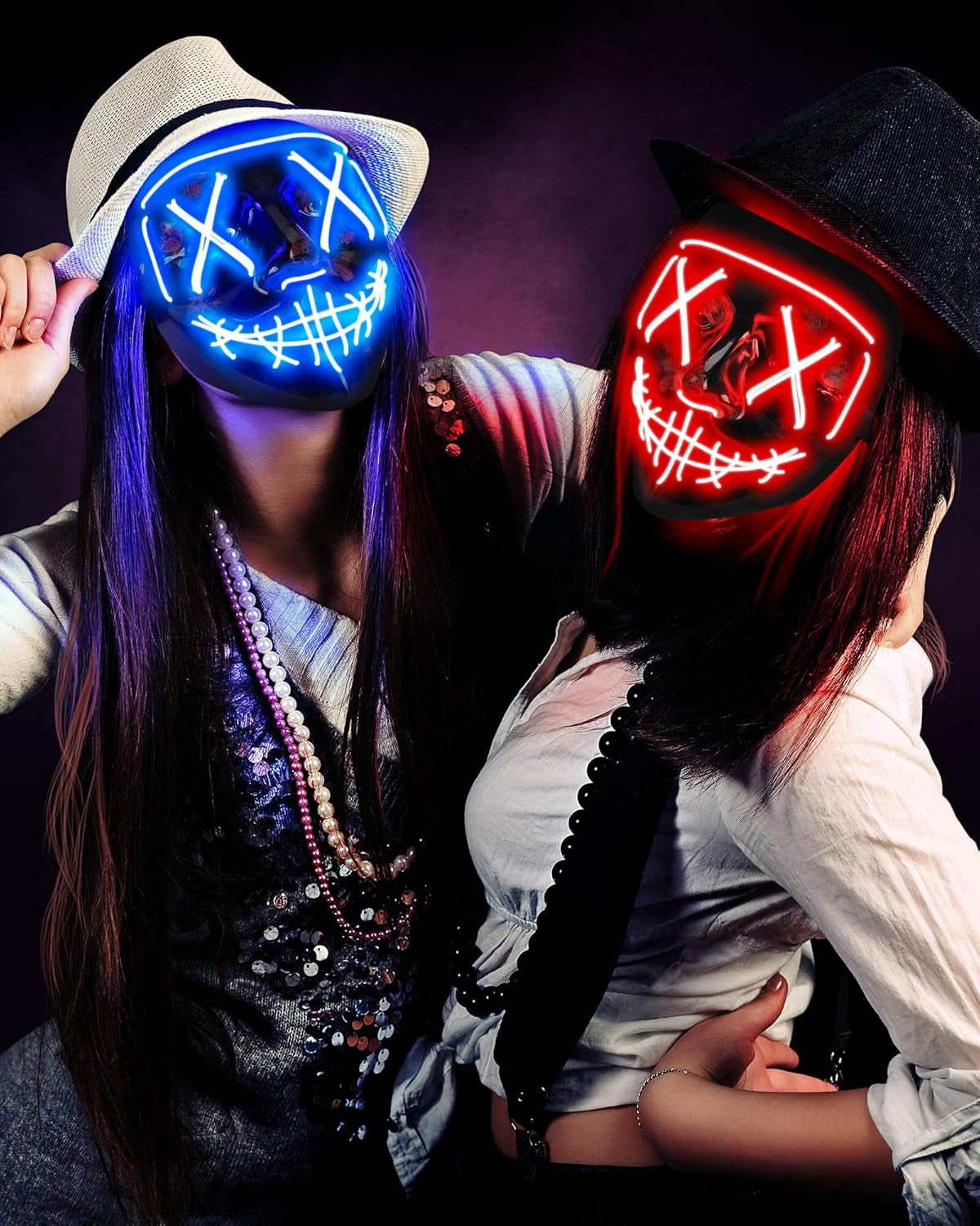 HWB LED Light Up Halloween Mask - 2 Pack Scary Neon Face Masks 