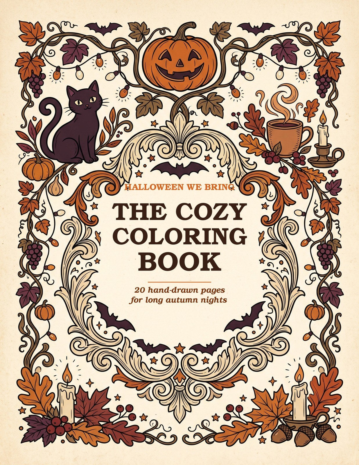 The Cozy Coloring Book cover — vintage Halloween illustrated frame with a jack-o'-lantern, black cat, string lights and autumn leaves