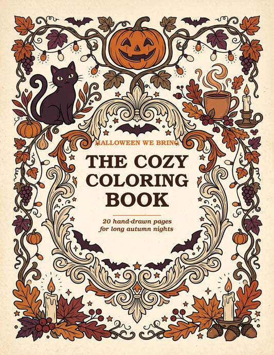 The Cozy Coloring Book cover — vintage Halloween illustrated frame with a jack-o'-lantern, black cat, string lights and autumn leaves