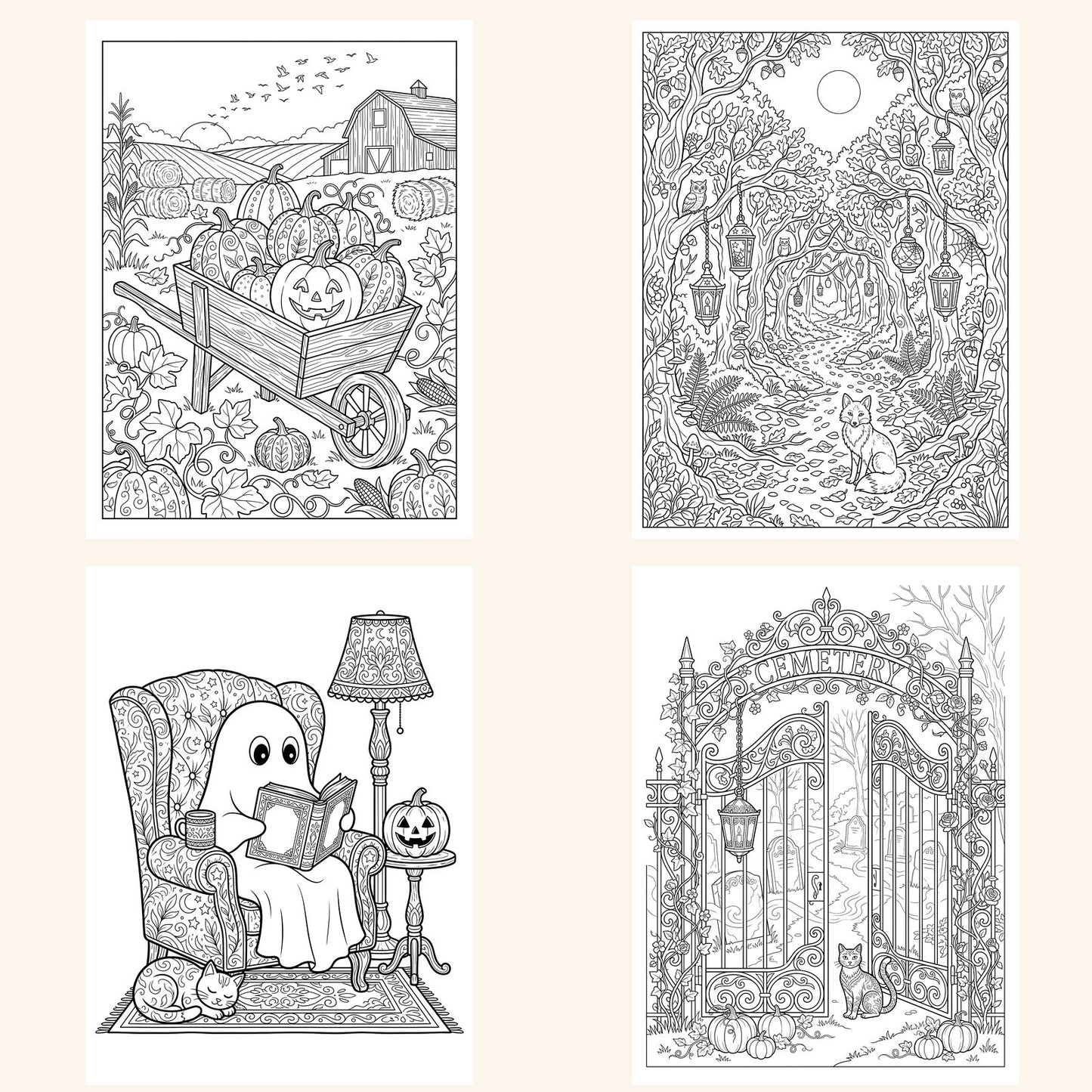Four sample pages from The Cozy Coloring Book — pumpkin patch, lantern-lit forest path, ghost reading in an armchair, and a wrought iron cemetery gate