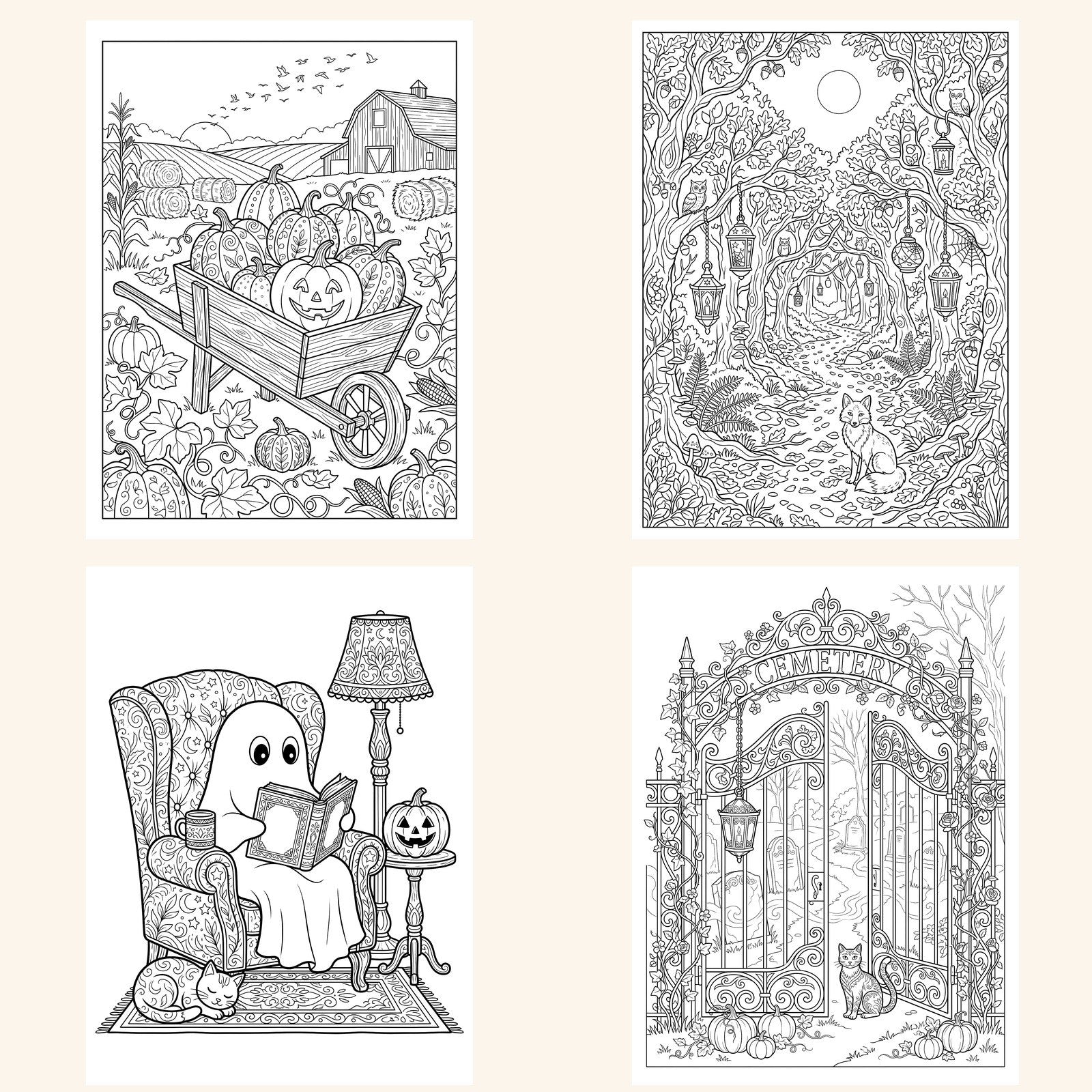 Four sample pages from The Cozy Coloring Book — pumpkin patch, lantern-lit forest path, ghost reading in an armchair, and a wrought iron cemetery gate
