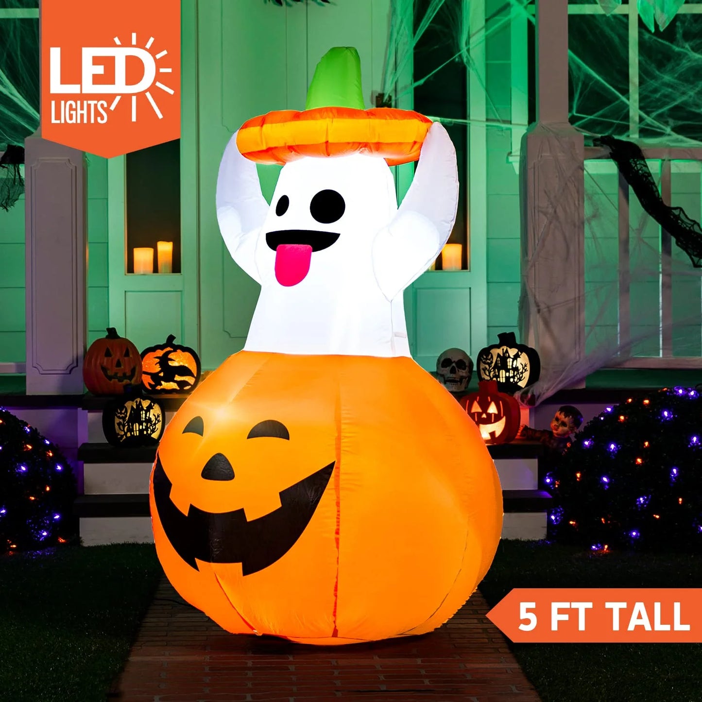 5 FT Halloween Inflatables - Light Up Pumpkin Ghosts for Outdoor Decorations - Perfect Blow Up Halloween Yard Decor