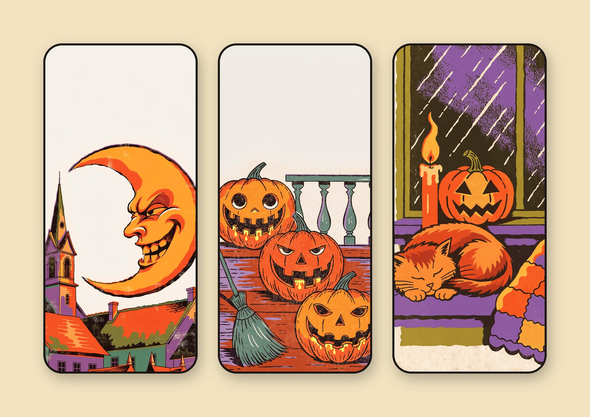 Three vintage Halloween iPhone wallpapers — a grinning paper moon over rooftops, jack-o'-lanterns on porch steps, and a cat asleep on a rainy windowsill