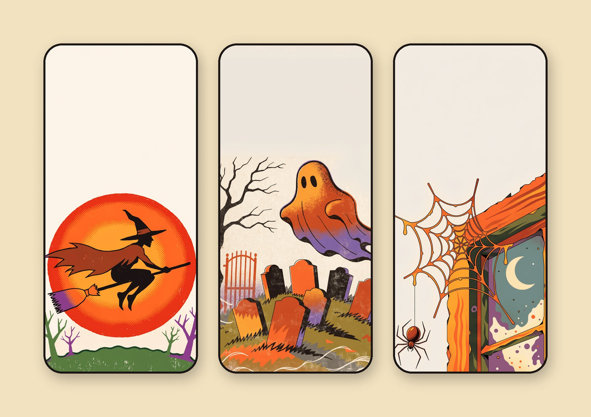 Vintage Halloween wallpapers — a witch on a broom across a harvest moon, a ghost above a graveyard, and a spiderweb on a window frame