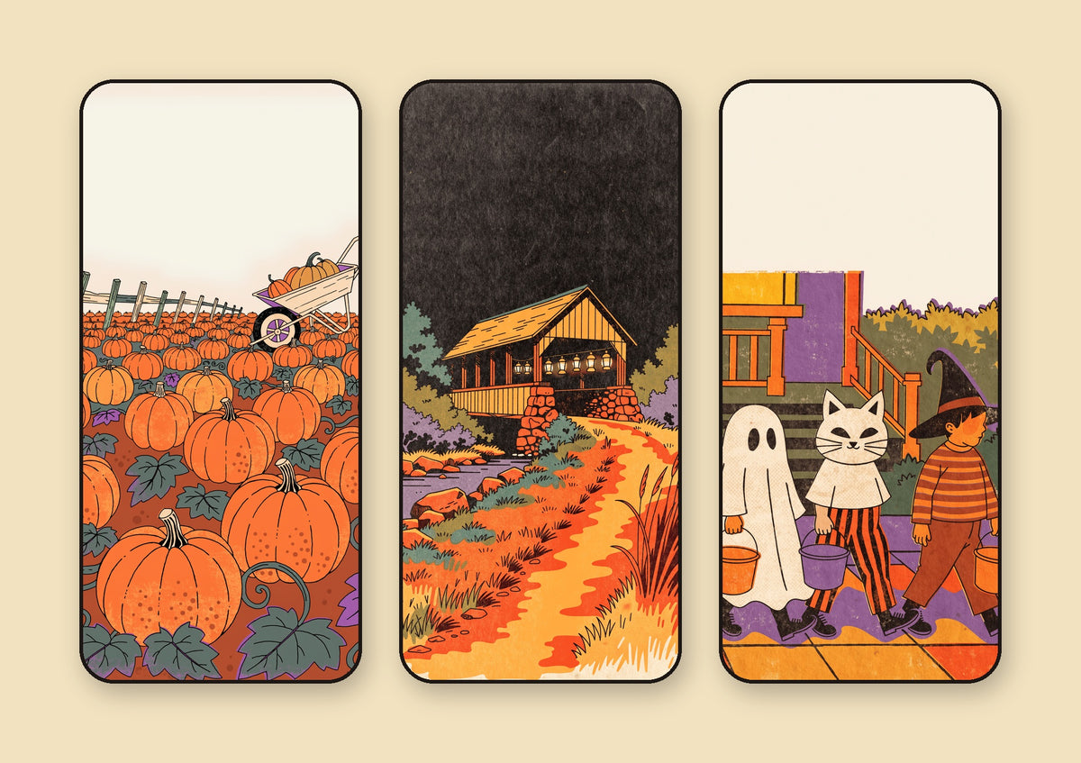 Vintage Halloween wallpapers — a pumpkin patch at dusk, a lantern-lit covered bridge, and trick-or-treaters on a sidewalk