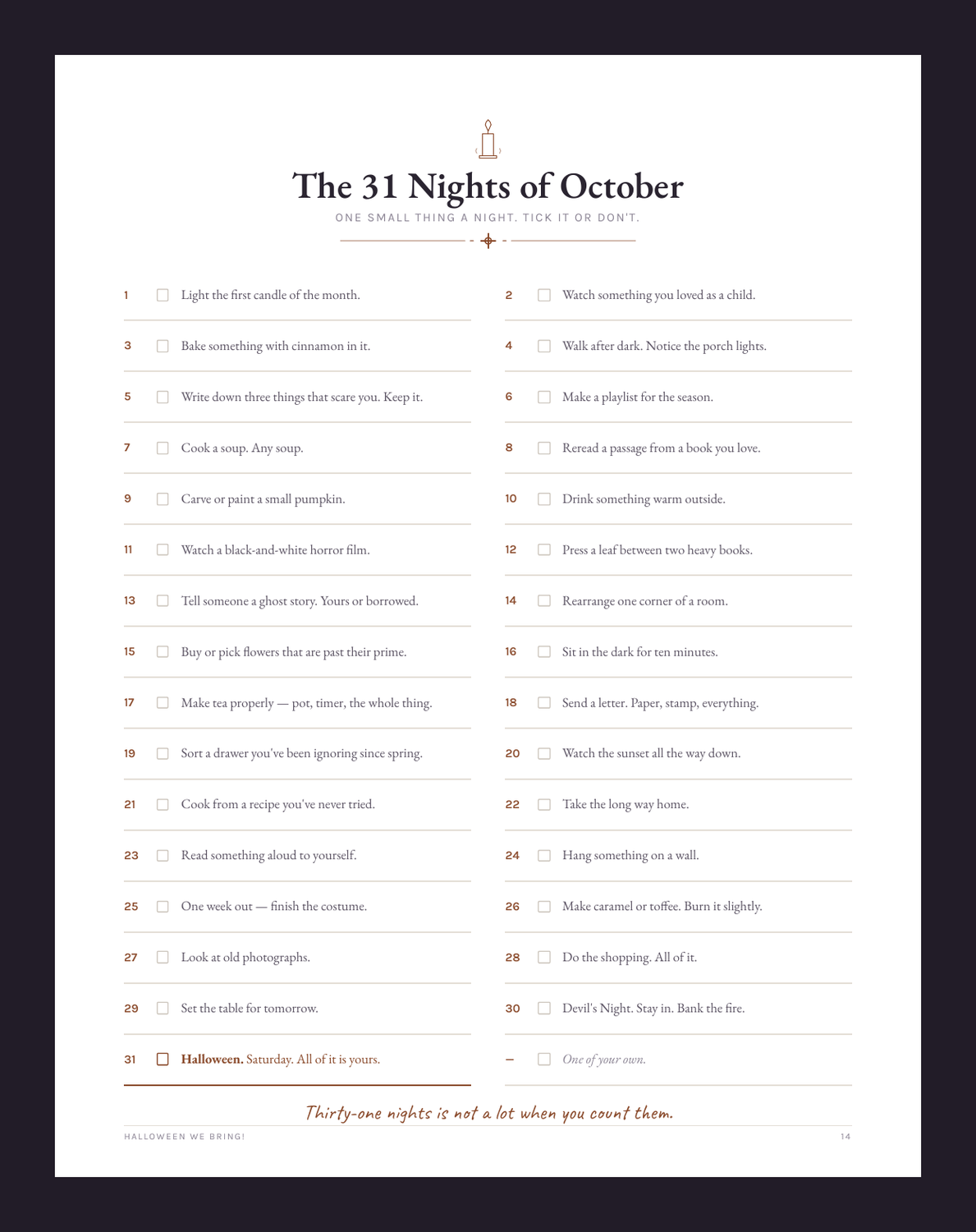 The 31 Nights of October page — one small ritual for every night of the month