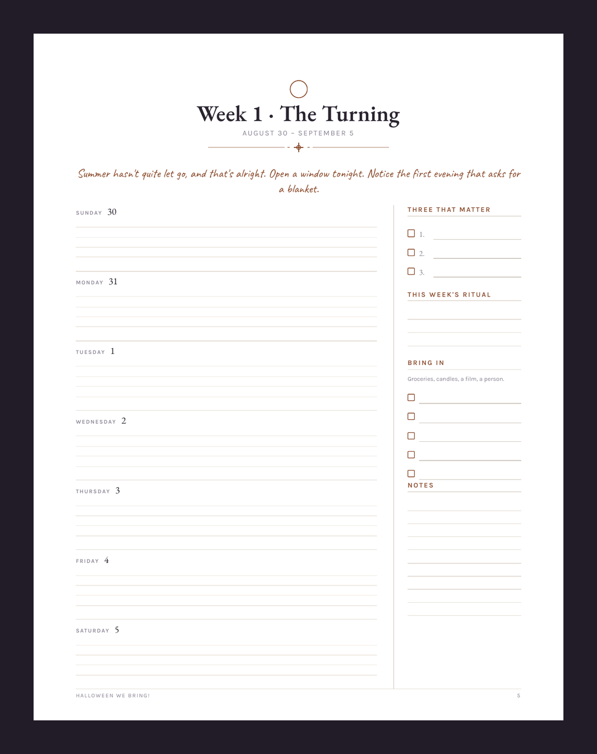 A dated weekly spread — seven day boxes, three priorities, a cozy ritual and notes