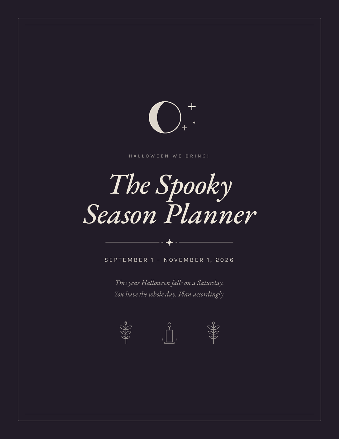 The Spooky Season Planner 2026 cover — crescent moon, cream type on deep plum
