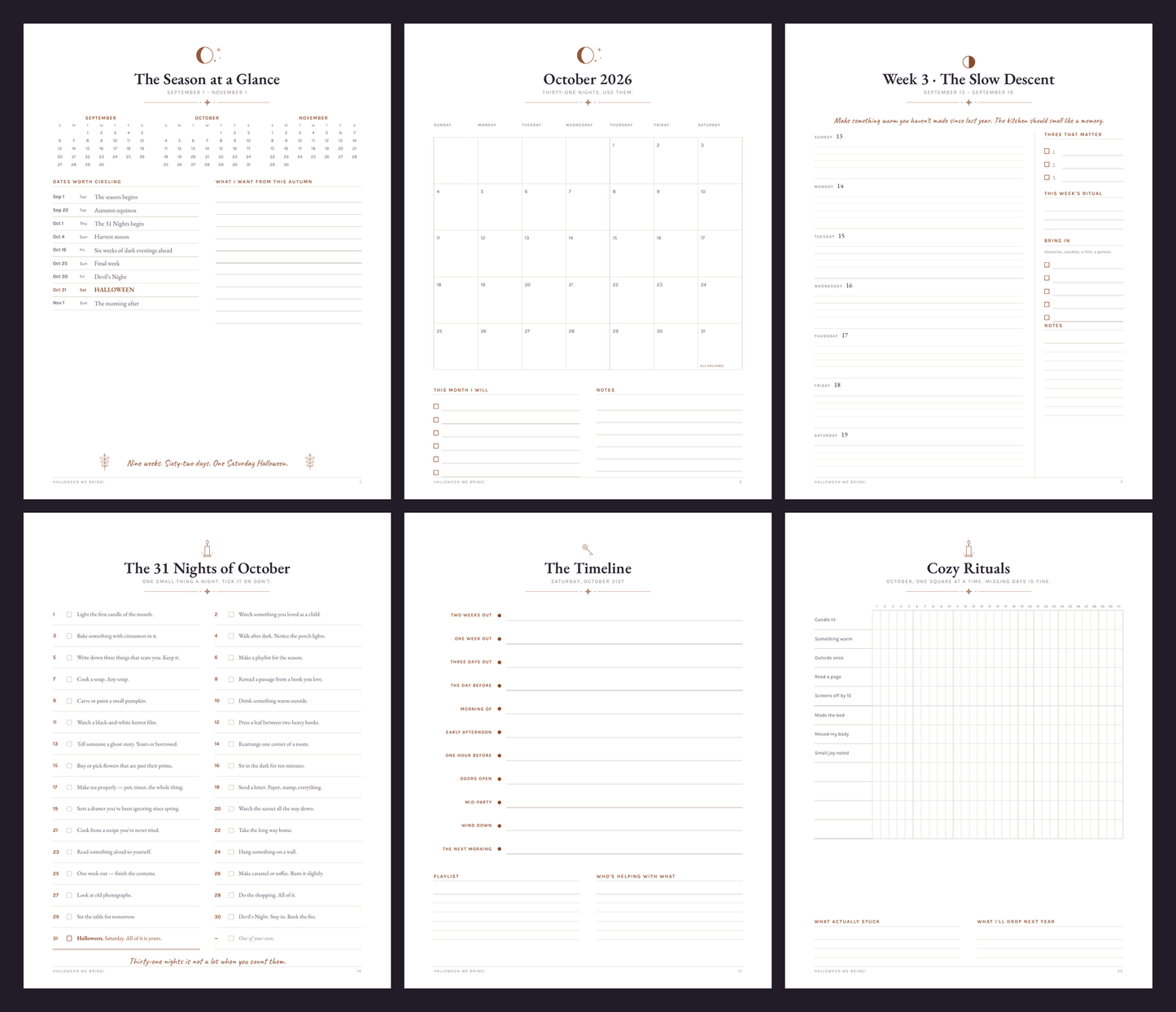 Six interior pages: season at a glance, monthly calendar, weekly spread, 31 Nights of October, party timeline, cozy rituals tracker