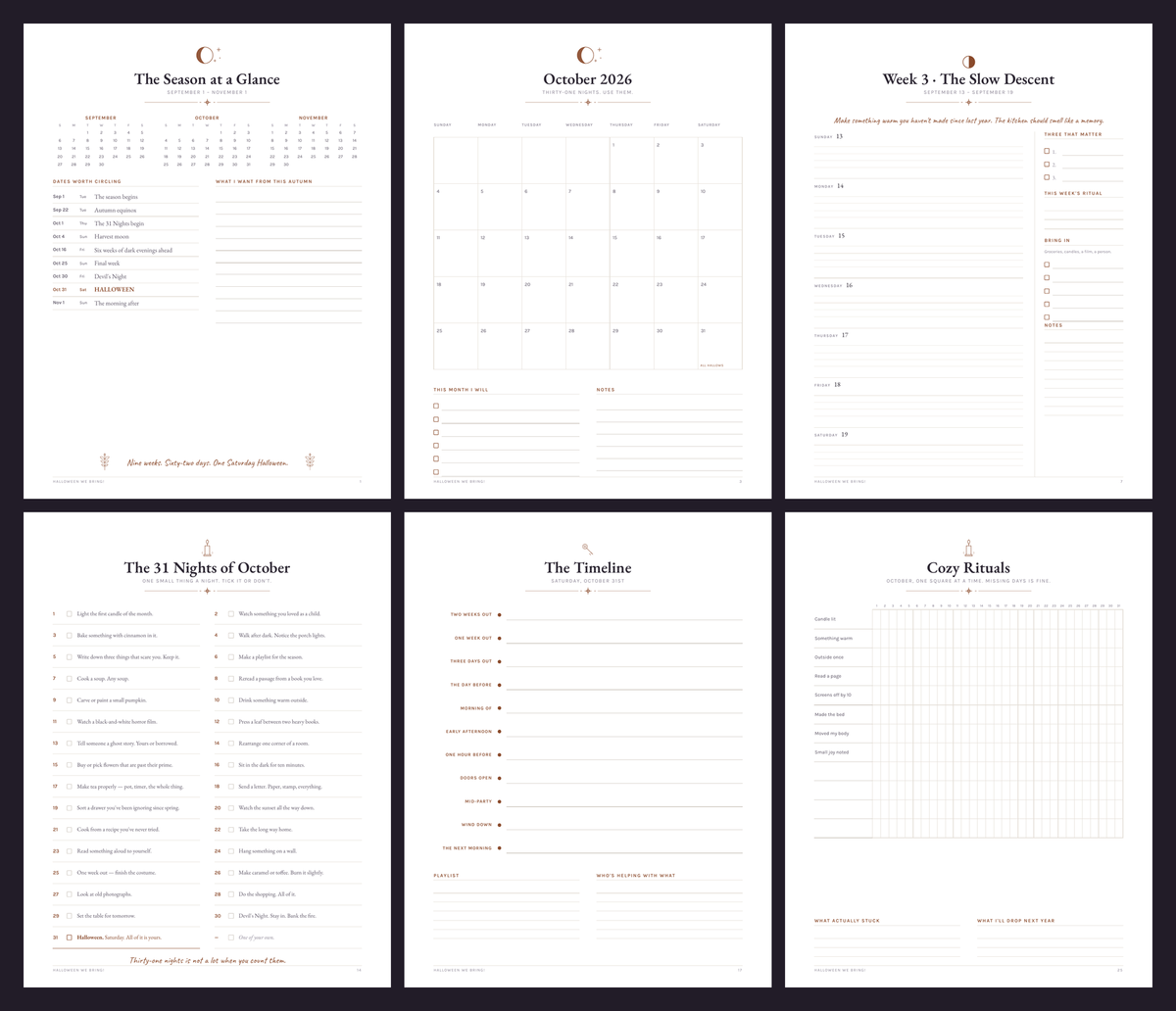 Six interior pages: season at a glance, monthly calendar, weekly spread, 31 Nights of October, party timeline, cozy rituals tracker
