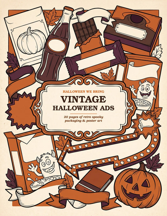 Vintage Halloween Ads coloring book cover — retro packaging collage with a seed packet, soda bottle, cereal box and jack-o'-lantern