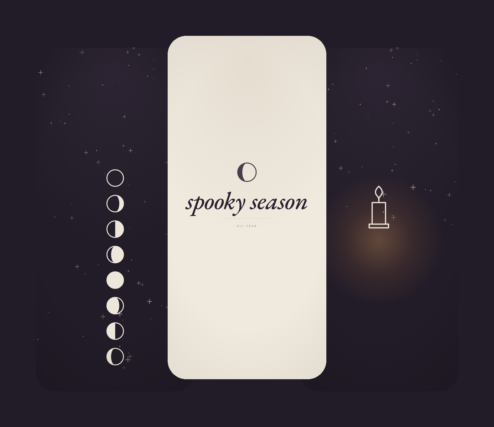 Three phone wallpapers — moon phases, spooky season type, and a lit candle