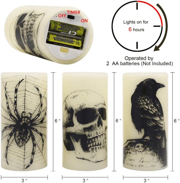 Halloween Flickering Candles with Skull, Spider Web, Crow Raven Decals Set of 3 - Image 2