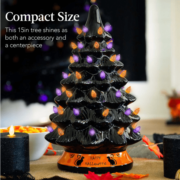 15In Pre-Lit Ceramic Tabletop Halloween Tree, Holiday Decoration W/ Orange & Purple Bulb Lights - Image 6