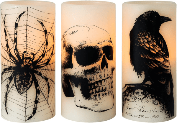 Halloween Flickering Candles with Skull, Spider Web, Crow Raven Decals Set of 3