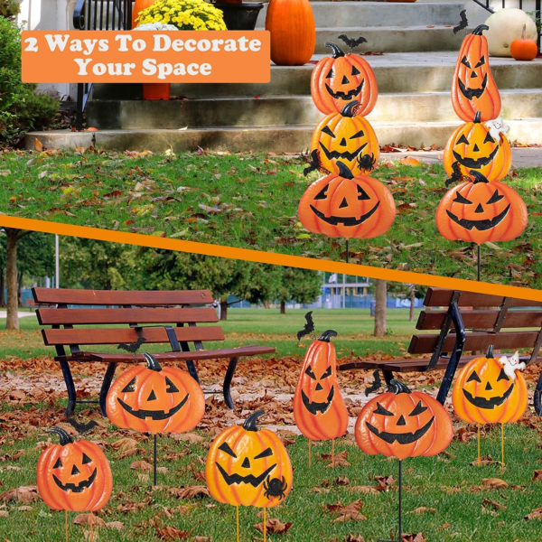 2 Pack Halloween Garden Stakes, Stacked Metal Pumpkins Jack-O-Lantern Lawn Decor - Image 2