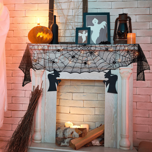 Halloween Decoration Black Lace Spiderweb Fireplace Mantle with String Lights for Halloween - Image 4