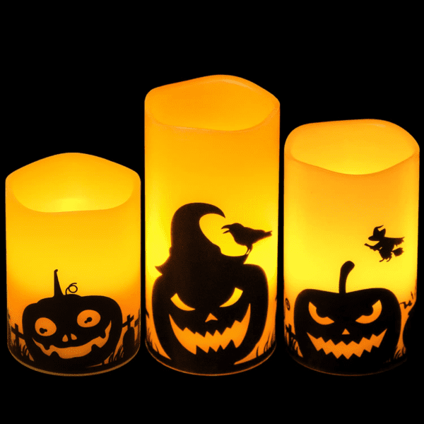 Halloween Flickering Candles with Skull, Spider Web, Crow Raven Decals Set of 3 - Image 15