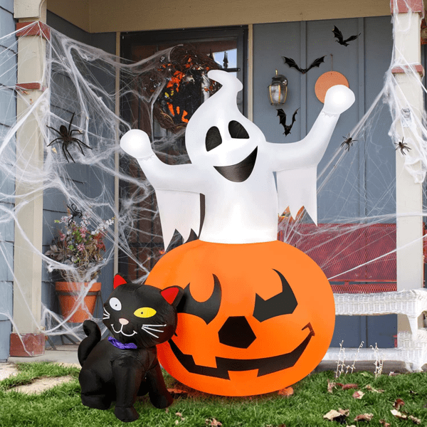 5 FT Halloween Inflatables Spooky Pumpkin and Witch's Black Cat Combo with Build-In LED Lights - Image 7