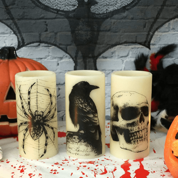 Halloween Flickering Candles with Skull, Spider Web, Crow Raven Decals Set of 3 - Image 4