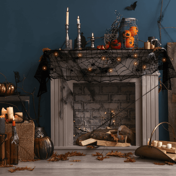 Halloween Decoration Black Lace Spiderweb Fireplace Mantle with String Lights for Halloween - Image 5