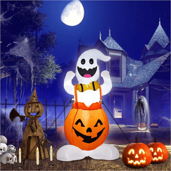 4Ft High Halloween Inflatables Pumpkin Ghost Decorations with Led Light Halloween Indoor Outdoor Garden Decoration