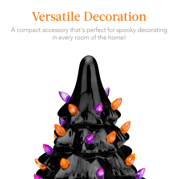 15In Pre-Lit Ceramic Tabletop Halloween Tree, Holiday Decoration W/ Orange & Purple Bulb Lights - Image 5