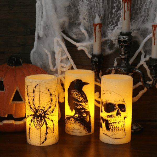 Halloween Flickering Candles with Skull, Spider Web, Crow Raven Decals Set of 3 - Image 3