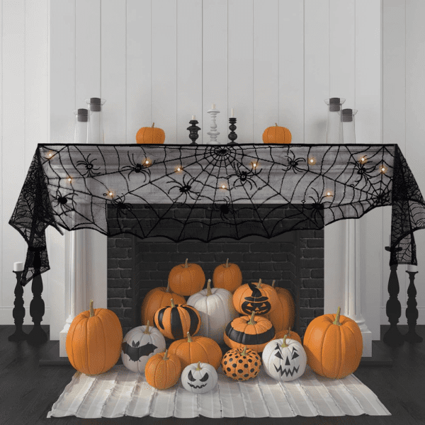 Halloween Decoration Black Lace Spiderweb Fireplace Mantle with String Lights for Halloween - Image 2