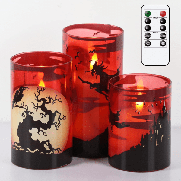 Halloween Flickering Candles with Skull, Spider Web, Crow Raven Decals Set of 3 - Image 12