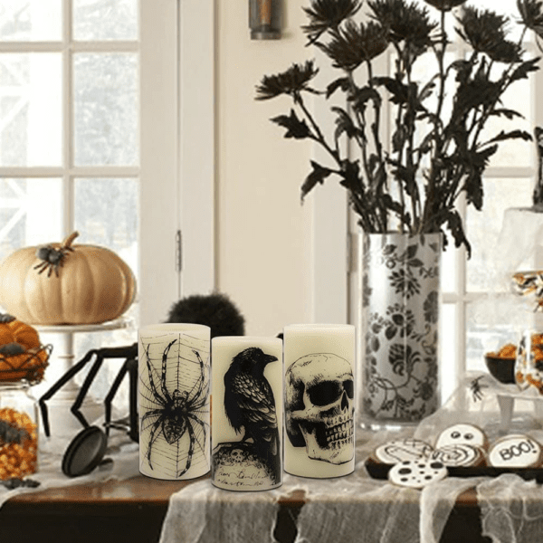 Halloween Flickering Candles with Skull, Spider Web, Crow Raven Decals Set of 3 - Image 7