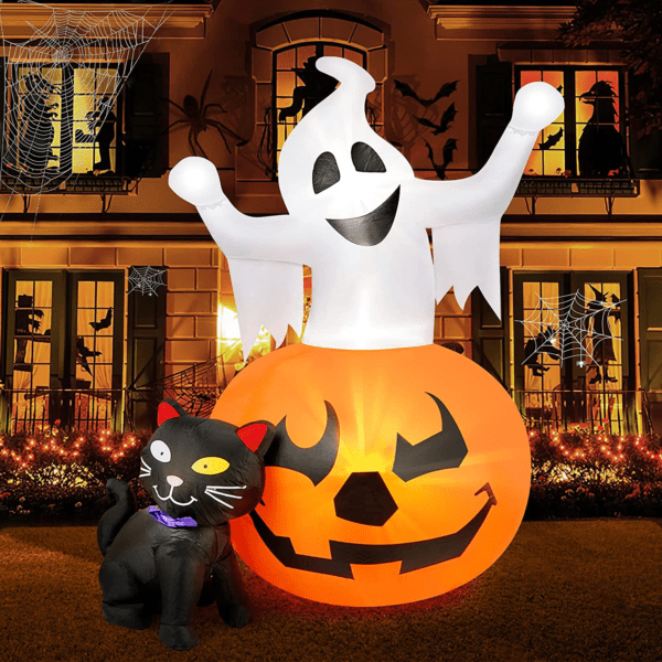 5 FT Halloween Inflatables Spooky Pumpkin and Witch's Black Cat Combo with Build-In LED Lights