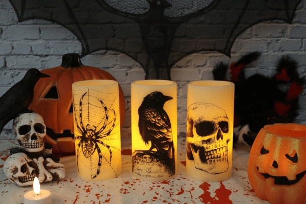 Halloween Flickering Candles with Skull, Spider Web, Crow Raven Decals Set of 3 - Image 9