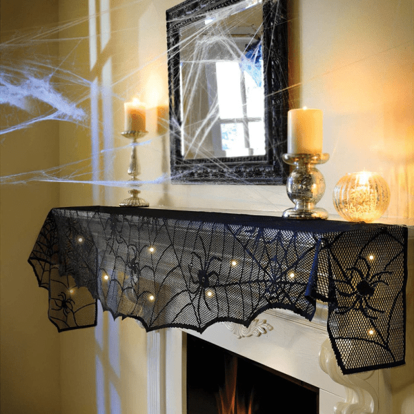 Halloween Decoration Black Lace Spiderweb Fireplace Mantle with String Lights for Halloween - Image 6