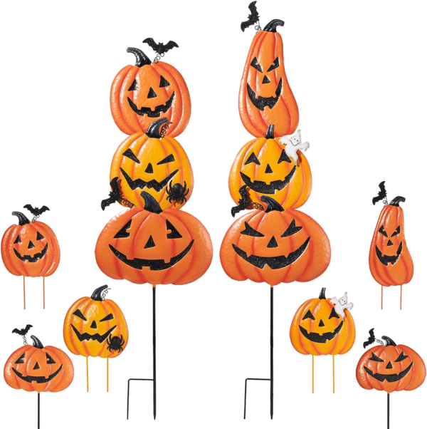 2 Pack Halloween Garden Stakes, Stacked Metal Pumpkins Jack-O-Lantern Lawn Decor