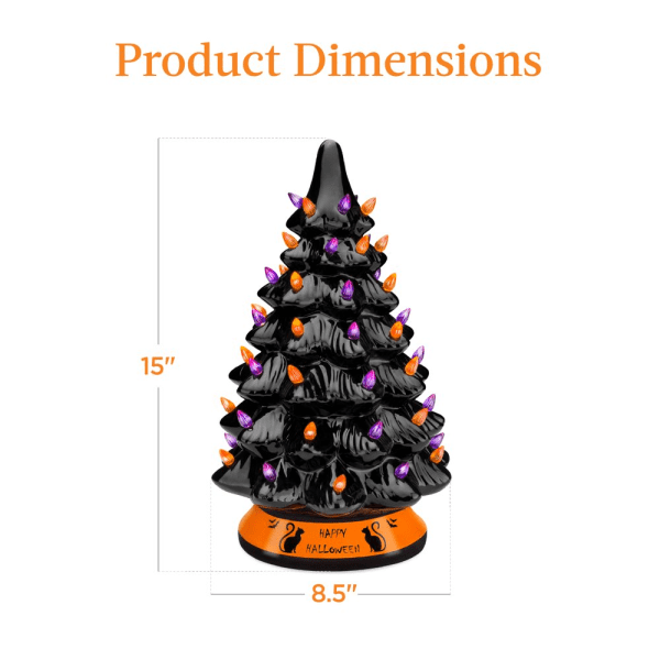 15In Pre-Lit Ceramic Tabletop Halloween Tree, Holiday Decoration W/ Orange & Purple Bulb Lights - Image 7