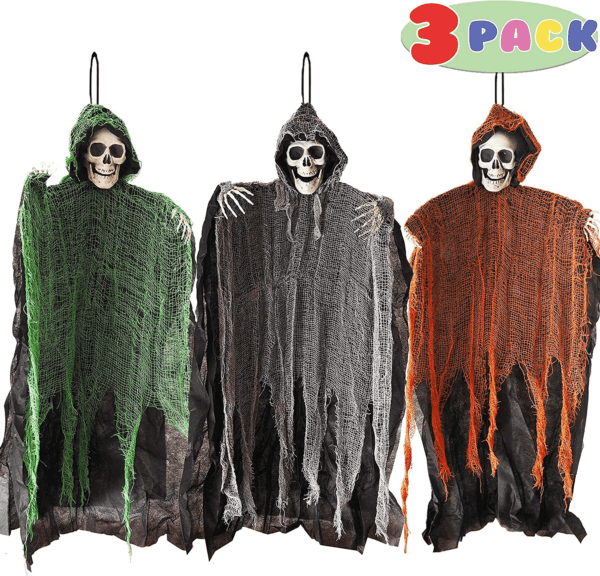 3 Huge Halloween Decoration 36" Hanging Skeleton, Ghosts, Grim Reapers for Indoor and Outdoor Decor