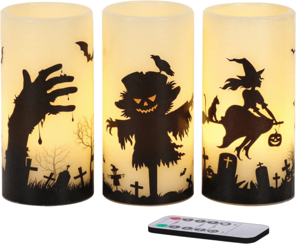 Halloween Flickering Candles with Skull, Spider Web, Crow Raven Decals Set of 3 - Image 11