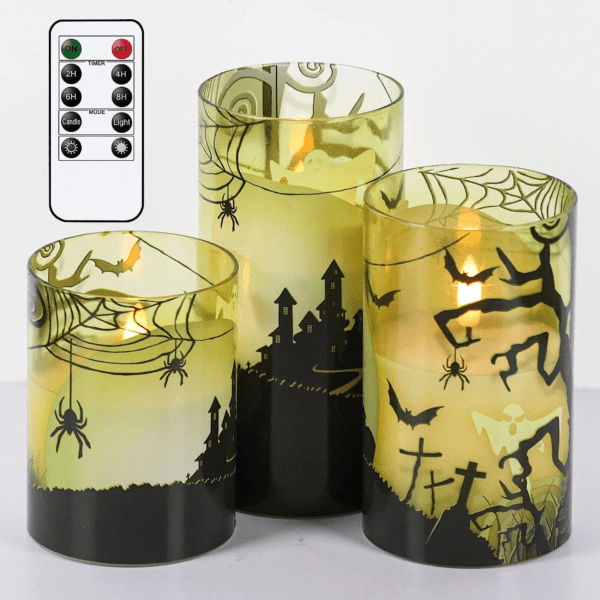 Halloween Flickering Candles with Skull, Spider Web, Crow Raven Decals Set of 3 - Image 10