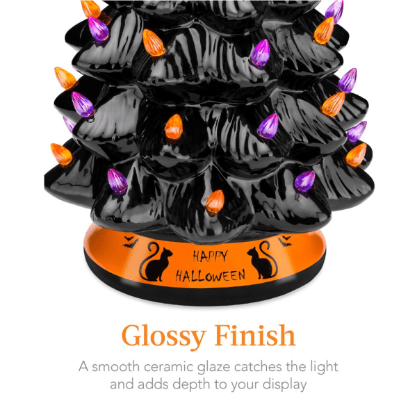 15In Pre-Lit Ceramic Tabletop Halloween Tree, Holiday Decoration W/ Orange & Purple Bulb Lights - Image 4